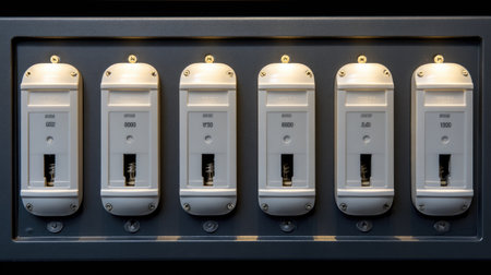 A visually striking image of six white light switches featuring clear cover plates, softly illuminated against a dark backdrop, highlighting modern design and functionality.の素材