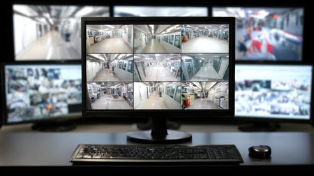 A modern security control room featuring a computer displaying multiple surveillance camera feeds. The sleek design highlights advanced technology used for monitoring and safety.の素材