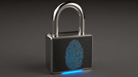 This image features a modern fingerprint padlock with a glowing blue fingerprint display, illustrating advanced security technology for personal data protection.の素材