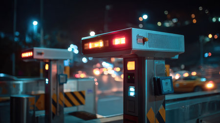 A nighttime scene featuring a traffic control barrier with illuminated lights against a blurred city background. The image captures urban transportation.の素材