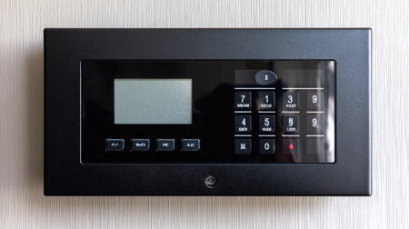 This image features a modern digital control panel designed for smart home technology, showcasing a sleek interface with buttons and an LCD display.の素材