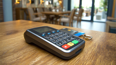 A sleek payment terminal rests on a wooden table in a stylish restaurant, showcasing technology designed for efficient card transactions in dining environments.の素材
