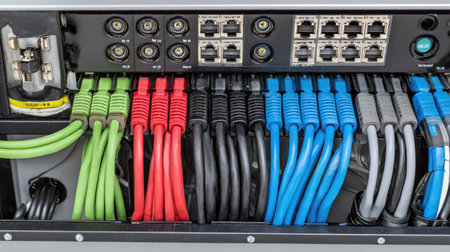 A vibrant close-up image showcasing a well-organized arrangement of network cables and connectors in a professional server environment, highlighting meticulous infrastructure.の素材