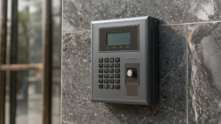 A sleek electronic keypad situated on a dark stone wall, showcasing modern access control technology for heightened security in commercial environments.の素材