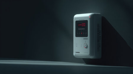 A sleek modern digital temperature control unit is mounted on a dark wall, illuminated by soft lighting, showcasing its innovative design and functionality.の素材