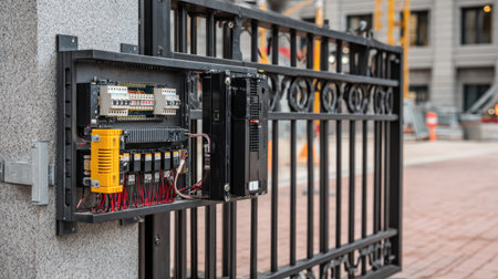 This image features a detailed control panel of an automated gate system, showcasing its complex wiring and electrical components in an urban environment.の素材