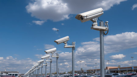 A row of surveillance cameras stands tall in a parking lot, keeping a watchful eye under a bright blue sky filled with fluffy clouds.の素材