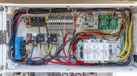 This image showcases a complex arrangement of electrical wiring within a control box, highlighting various components crucial for industrial equipment maintenance and installation.の素材