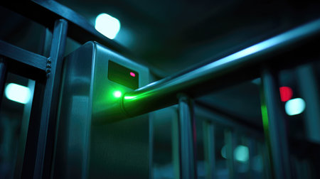 This image showcases a modern turnstile system featuring a clear green light indication, highlighting security measures in a dimly lit urban environment.の素材