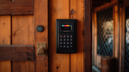 A modern electronic keypad entry system is featured on a wooden door, showcasing the blend of contemporary security technology with rustic charm in soft lighting.の素材