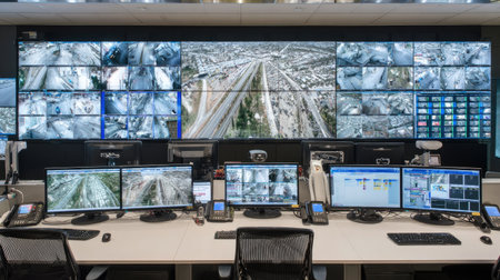 A modern control room featuring a video wall with multiple surveillance monitors. The workspace is designed for data analysis and security operations, showcasing advanced technology and systematic workflow.の素材