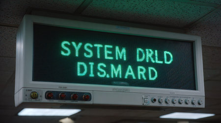 A digital display screen featuring green text with a system error message. The image represents equipment malfunction notifications in a modern facility.の素材