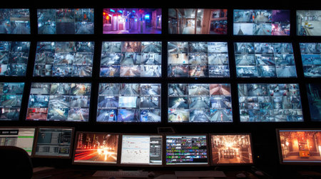 A high-tech surveillance room filled with numerous camera feeds on large screens, showcasing a modern security operations setup and advanced monitoring technology.の素材