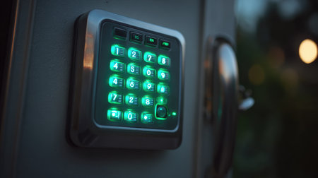 A close-up view of a modern electronic keypad featuring illuminated numbers, ideal for secure access control systems in residential and commercial settings.の素材