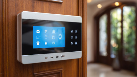 A sleek smart home control panel features a touch screen display mounted on a wooden wall, combining modern technology with elegant interior design for seamless home automation.の素材
