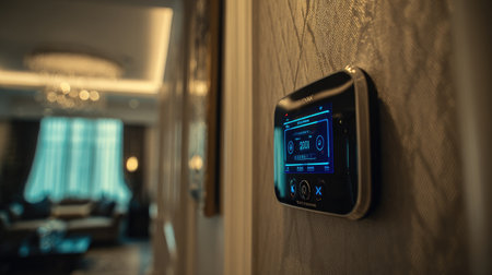 A sleek smart home thermostat is installed elegantly on a wall, showcasing modern technology in a luxury living space, enhancing comfort and style.の素材