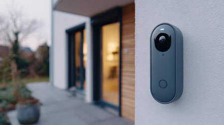 A sleek and modern smart doorbell camera mounted on a house wall, providing a glimpse into a cozy interior, blending security with style.の素材
