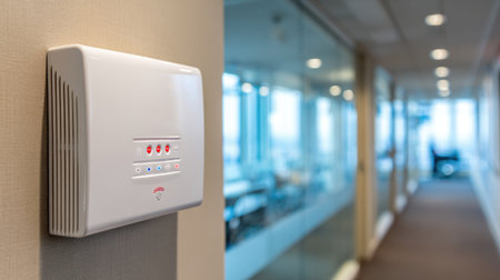 A sleek wall-mounted communication device is featured in a modern office hallway setting, highlighting contemporary design elements and workplace efficiency.の素材