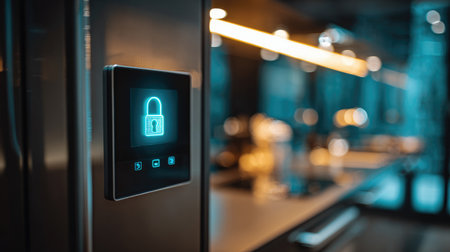 This image showcases a modern kitchen featuring a sleek refrigerator with a digital lock display. The stylish design and warm lighting create a sophisticated atmosphere perfect for home cooking.の素材
