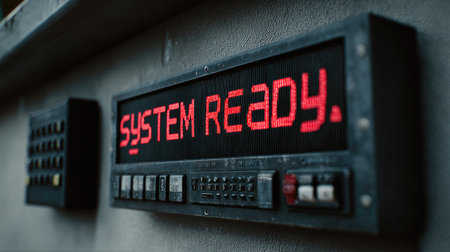 A close-up view of a digital display showing the message "SYSTEM READY" in glowing red letters, representing modern technology and readiness.の素材