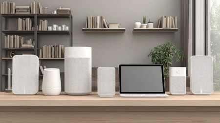 This image showcases a stylish modern home technology setup featuring various wireless speakers, a sleek laptop, and smart devices, enhancing audio and connectivity.の素材