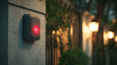 A striking red warning light installed on a stone wall, provides essential safety at dusk. The soft glow complements the serene neighborhood ambiance.の素材