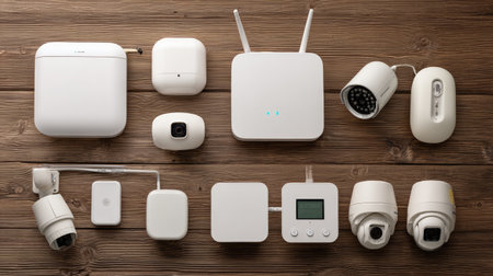 This image showcases a variety of modern wireless devices and security cameras arranged neatly on a wooden surface, highlighting their sleek design and functionality.の素材