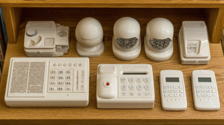 This image showcases a range of white security devices arranged neatly on a wooden shelf, highlighting modern technology for home safety and management.の素材