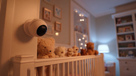 A serene nursery showcasing a security camera and an array of plush toys, creating a calming atmosphere for infants. Soft lighting enhances safety and comfort.の素材