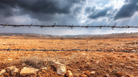 A close view of a barbed wire fence contrasting with barren land, surrounded by dark clouds and a remote rural landscape. The image speaks to themes of separation and desolation.の素材