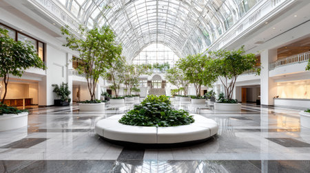 This image features a spacious modern atrium, adorned with lush indoor plants and a striking glass roof, creating a bright and serene atmosphere.の素材