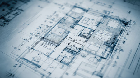 This image showcases a meticulously detailed architectural blueprint for a modern residential house, featuring precise layout and thoughtful design elements.の素材