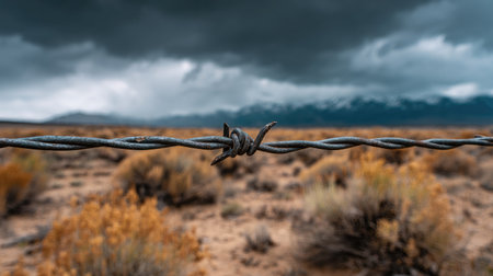 This image captures a close-up of barbed wire set against a dramatic sky with heavy clouds, showcasing an expansive arid landscape and distant mountains.の素材