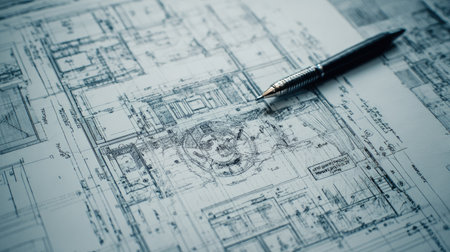A detailed technical blueprint showcasing architectural design elements lies on a table next to a sophisticated pen, symbolizing creativity and precision in planning.の素材