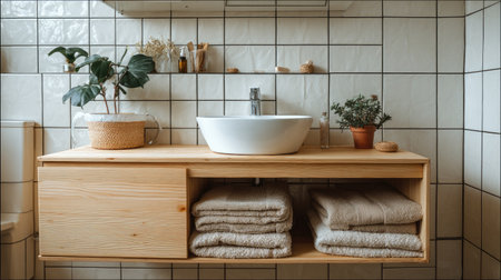 A serene minimalist bathroom showcasing a wooden vanity with a stylish sink, surrounded by lush plants and neatly arranged towels for a calm atmosphere.の素材