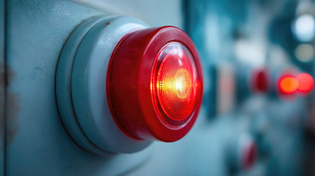 Close-up of a glowing red emergency alert light positioned on an industrial control panel. This sign serves as a critical indicator for safety measures.の素材