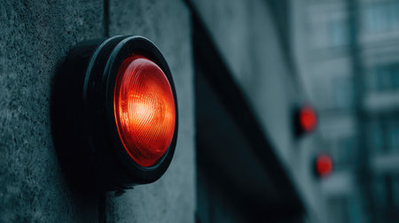 A striking close-up shot of a red warning light mounted on a concrete wall, showcasing its vivid color and texture in an urban setting.の素材