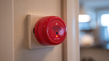 This image showcases a red wireless fire alarm system mounted on a wall, featuring a prominent indicator light. It represents modern safety technology in residential interiors.の素材