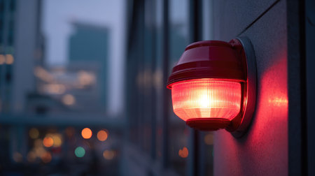 A striking red warning light mounted on a building shines brightly against a blurred cityscape during dusk, enhancing urban safety and ambiance.の素材