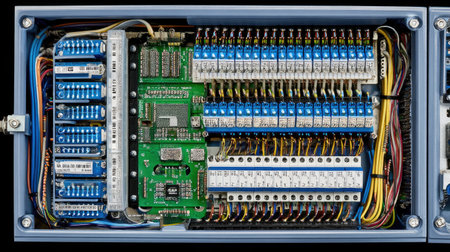 The image showcases a detailed electric control panel featuring circuit boards, relays, and intricate wiring. Ideal for industrial applications, it emphasizes technology and machinery components.の素材