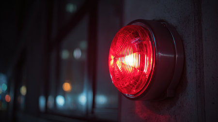 A striking red emergency light shines brightly in a dim urban setting, symbolizing safety measures and alertness in city environments at night.の素材