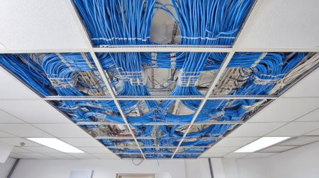 An overhead view of an intricate network cabling installation, showcasing blue cables organized under a tile ceiling in a modern office space, reflecting technology and design.の素材