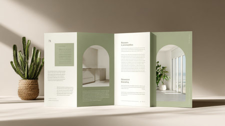 This elegant open brochure showcases modern indoor room designs with minimalist aesthetics. Soft green tones and natural light create an inviting atmosphere.の素材