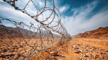 A close-up view of barbed wire fence stretching across a vast desert landscape, framed by rocky mountains and a mesmerizing cloudy sky.の素材