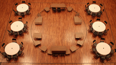 This image showcases an elegant arrangement of round tables and chairs in a spacious wooden venue, perfect for events or meetings.の素材