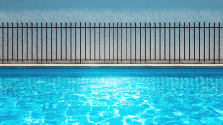 A serene swimming pool with crystal clear water, bordered by a stylish iron fence against a calm background, ideal for capturing relaxation and tranquility.の素材