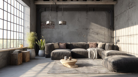 A spacious modern living room featuring industrial design elements, large windows, and a cozy sofa set that invites relaxation. Natural light enhances the soothing ambiance, complemented by stylish furniture and decorative plants.の素材