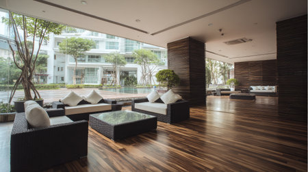 A serene lounge area featuring modern furniture, bright natural light, and lush greenery, perfect for relaxation and social gatherings in urban living spaces.の素材