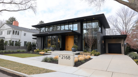 A modern black house showcases sleek architectural features with expansive windows, a bold entrance, and well-maintained landscaping, enhancing its appeal.の素材