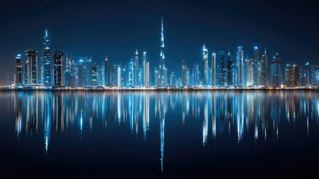 Captivating night view of Dubai's skyline showcasing tall illuminated skyscrapers reflected in tranquil water. Ideal for showcasing modern urban beauty.の素材